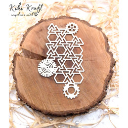 Laser cut chipboard triangle grid with industrial gear accents