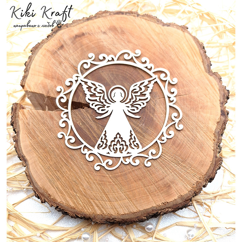 angel with open wings in ornate round frame chipboard 1814