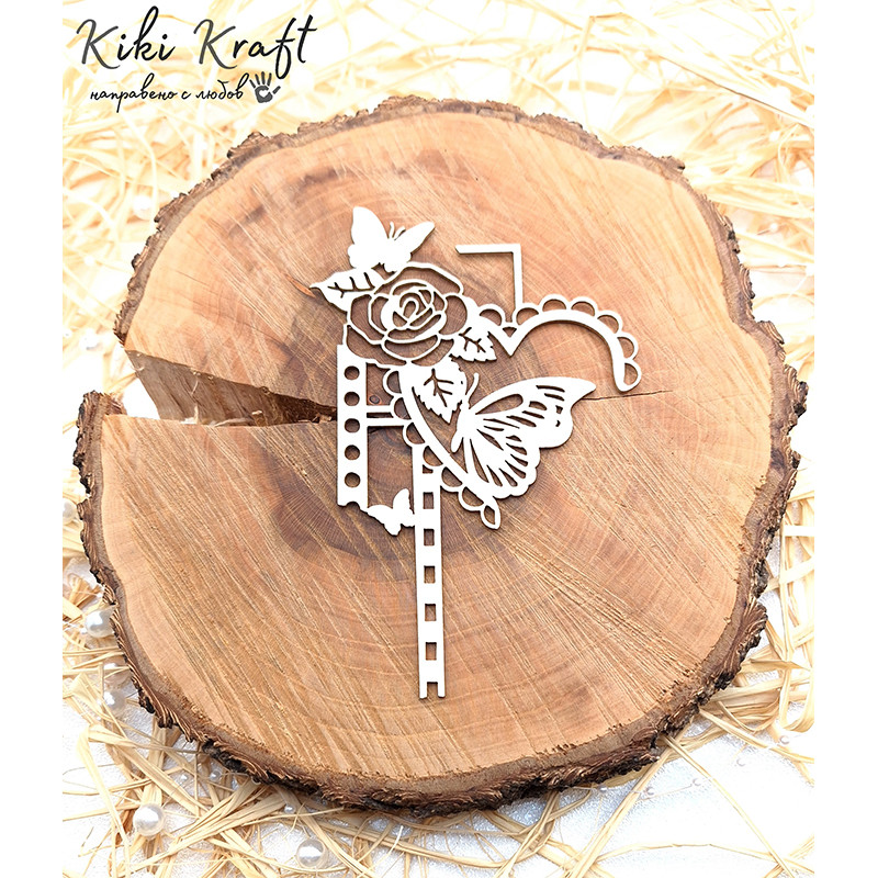 Ъглов елемент с роза, пеперуди и декоративна рамка – бирен картон – 1871